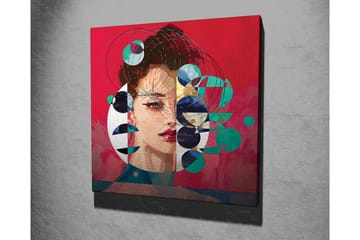 Canvastavla - Porträtt av en kvinna med abstrakta geometriska former och färgglada cirklar - Röd / Grön / Svart - Inredning - Tavlor & posters - Canvastavla