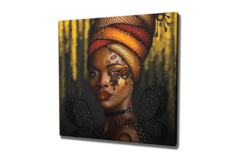 Canvastavla - Porträtt av en kvinna med en färgglad huvudbonad och fjärilar, Guld / Svart / Röd