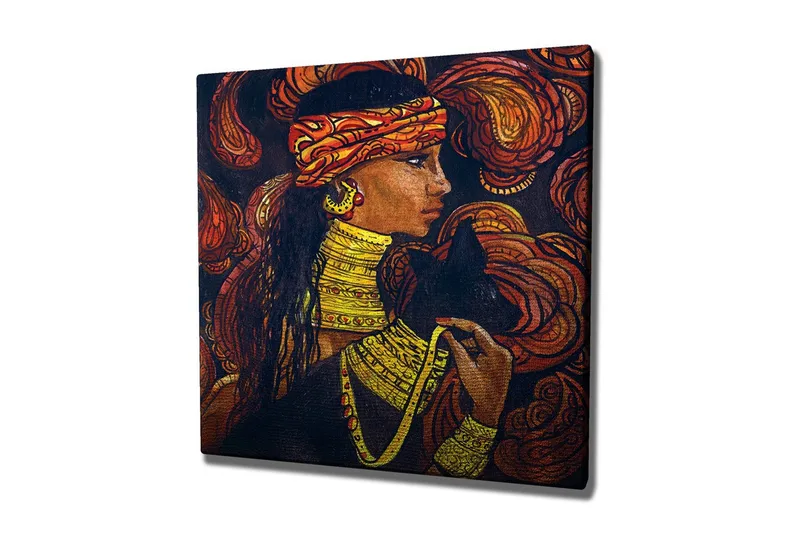 Canvastavla - Porträtt av en kvinna med smycken och en svart katt, Mörkbrun / Orange / Gul