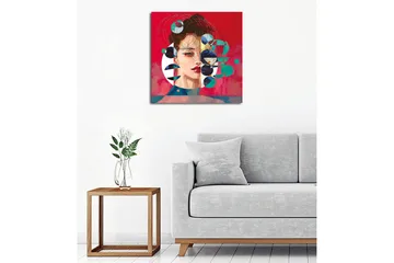 Canvastavla - Porträtt av en kvinna med abstrakta geometriska former och färgglada cirklar - Röd / Grön / Svart - Inredning - Tavlor & posters - Canvastavla