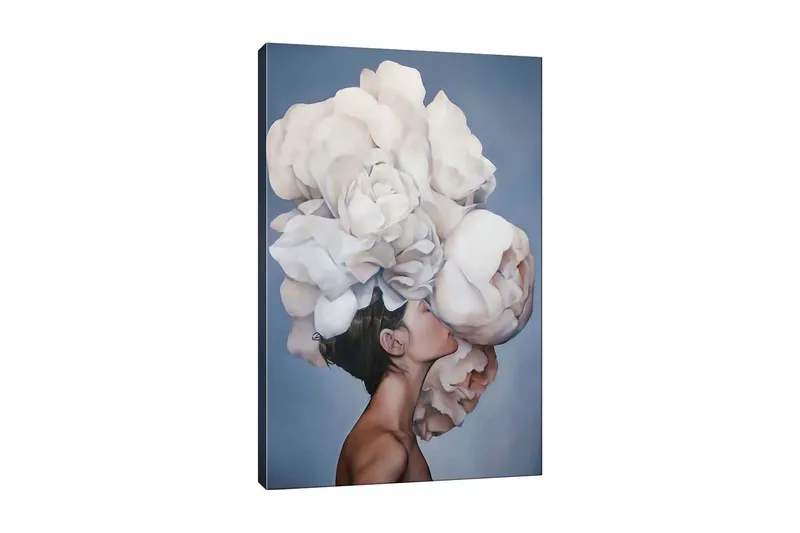Canvastavla - Porträtt av en person med en stor bukett av vita blommor som svävar över huvudet, Vit / Ljusgrå / Hudton