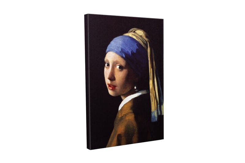 Canvastavla - Porträtt av en ung kvinna med pärlörhänge och blått huvudduk - Blå / Beige / Svart - Inredning - Tavlor & posters - Canvastavla