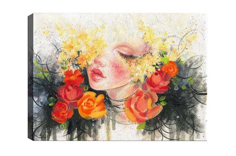 Canvastavla - Porträtt av en kvinna med blommor i håret, Orange / Gult / Svart