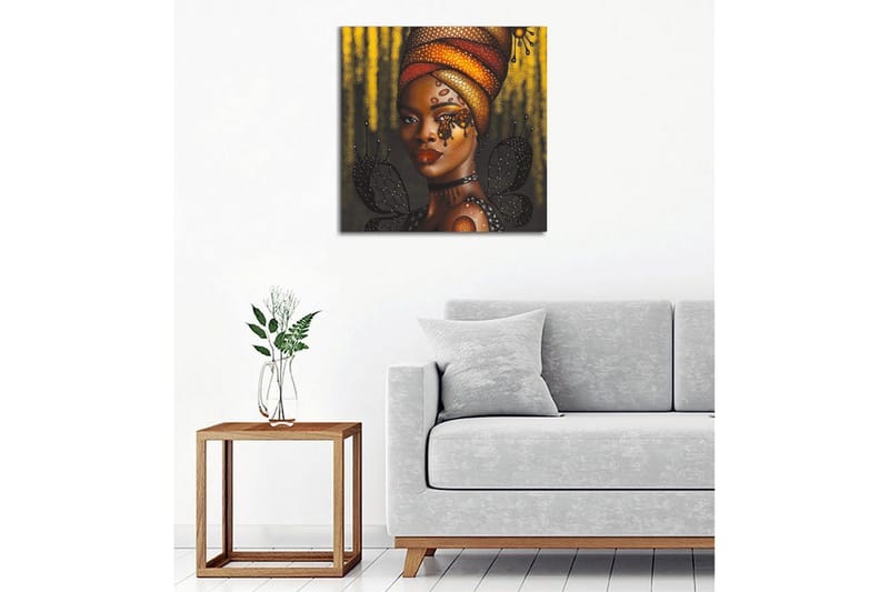 Canvastavla - Porträtt av en kvinna med en färgglad huvudbonad och fjärilar - Guld / Svart / Röd - Inredning - Tavlor & posters - Canvastavla