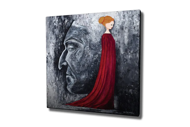 Canvastavla - Porträtt av en kvinna i röd klänning med en stor ansiktsprofil i grått i bakgrunden, Röd / Grå / Svart