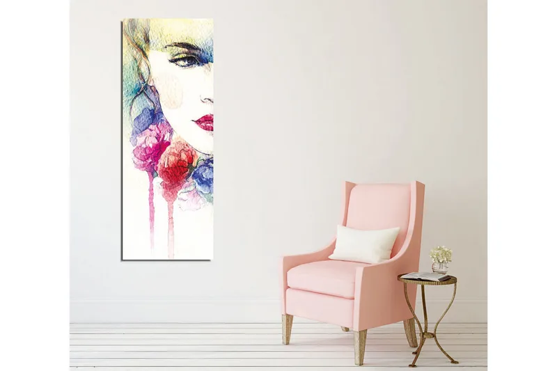 Canvastavla - Porträtt av en kvinna med färgglada blommor runt ansiktet - Rosa / Blå / Gul - Inredning - Tavlor & posters - Canvastavla