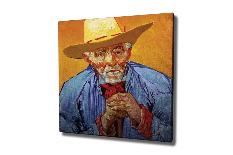 Canvastavla - Porträtt av en gammal man med hatt och blå skjorta, Gul / Blå / Röd