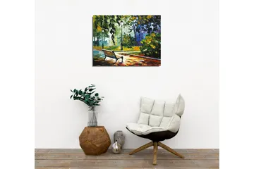 Canvastavla - Parkbänk omgiven av grönskande träd och lampor i en färgglad miljö - Grön / Gul / Blå - Inredning - Tavlor & posters - Canvastavla