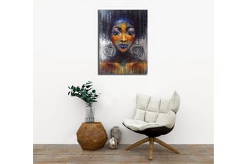 Canvastavla - Porträtt av en kvinna med stora örhängen och starka färger - Mörkblå / Orange / Svart - Inredning - Tavlor & posters - Canvastavla