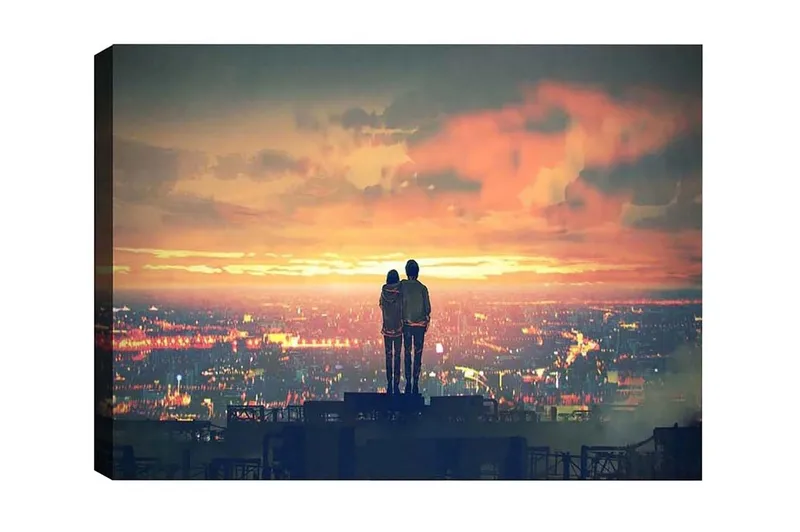 Canvastavla - Par som står tillsammans och betraktar en solnedgång över en stad, Orange / Blå / Grå