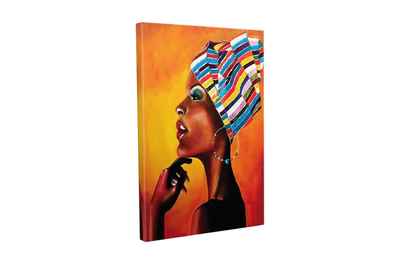 Canvastavla - Porträtt av en kvinna med färgglad huvudduk och starka uttryck, Orange / Svart / Blå