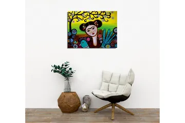 Canvastavla - Porträtt av en kvinna med blommor i håret och en grön fågel vid sidan om - Grön / Röd / Svart - Inredning - Tavlor & posters - Canvastavla