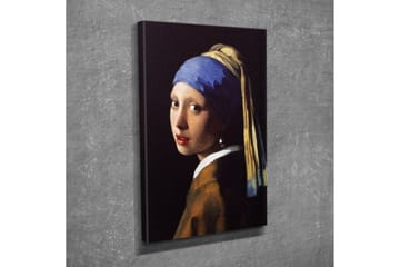 Canvastavla - Porträtt av en ung kvinna med pärlörhänge och blått huvudduk - Blå / Beige / Svart - Inredning - Tavlor & posters - Canvastavla