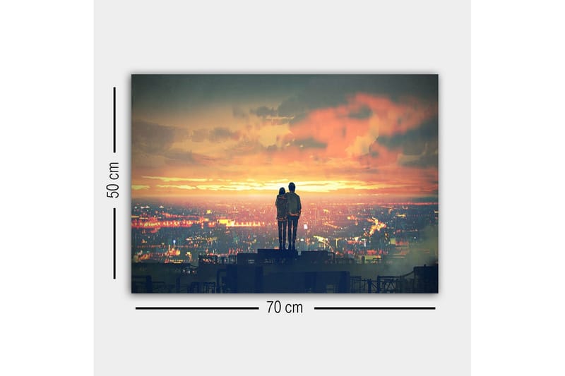 Canvastavla - Par som står tillsammans och betraktar en solnedgång över en stad - Orange / Blå / Grå - Inredning - Tavlor & posters - Canvastavla