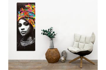 Canvastavla - Porträtt av en kvinna med färgglad huvudduk - Svart / Rosa / Gul - Inredning - Tavlor & posters - Canvastavla