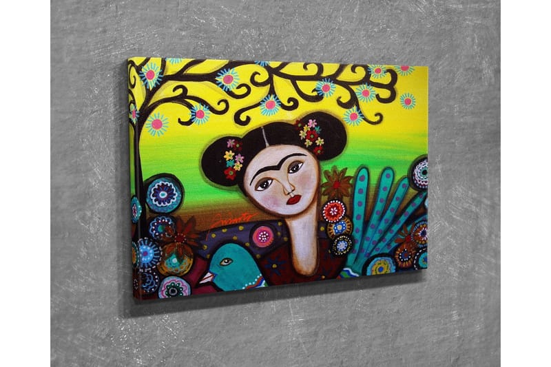 Canvastavla - Porträtt av en kvinna med blommor i håret och en grön fågel vid sidan om - Grön / Röd / Svart - Inredning - Tavlor & posters - Canvastavla