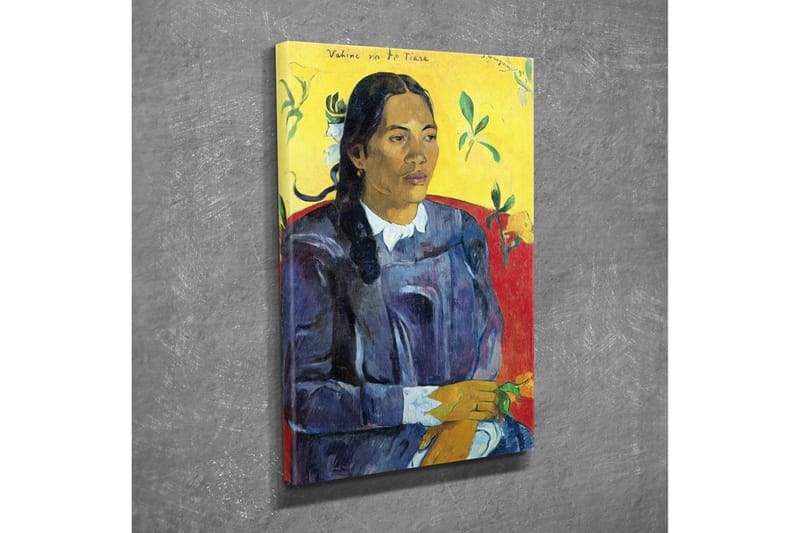 Canvastavla - Porträtt av en kvinna med blommor i handen - Mörkblå / Gul / Röd - Inredning - Tavlor & posters - Canvastavla