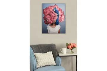 Canvastavla - Porträtt av en kvinna med en stor bukett av rosa blommor som huvud och en blå fågel sittande på blommorna - Rosa / Blå / Beige - Inredning - Tavlor & posters - Canvastavla