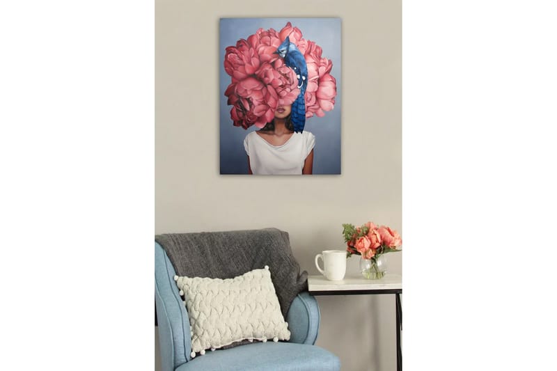 Canvastavla - Porträtt av en kvinna med en stor bukett av rosa blommor som huvud och en blå fågel sittande på blommorna - Rosa / Blå / Beige - Inredning - Tavlor & posters - Canvastavla