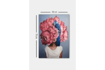 Canvastavla - Porträtt av en kvinna med en stor bukett av rosa blommor som huvud och en blå fågel sittande på blommorna - Rosa / Blå / Beige - Inredning - Tavlor & posters - Canvastavla