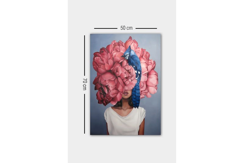 Canvastavla - Porträtt av en kvinna med en stor bukett av rosa blommor som huvud och en blå fågel sittande på blommorna - Rosa / Blå / Beige - Inredning - Tavlor & posters - Canvastavla