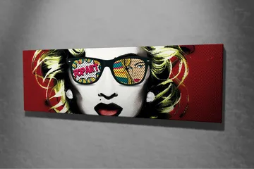 Canvastavla - Porträtt av en kvinna med solglasögon och popkonstmotiv i reflektionerna - Röd / Svart / Gul - Inredning - Tavlor & posters - Canvastavla