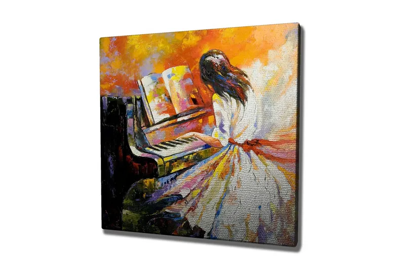 Canvastavla - Pianospelande kvinna i färgglad omgivning, Orange / Vit / Svart