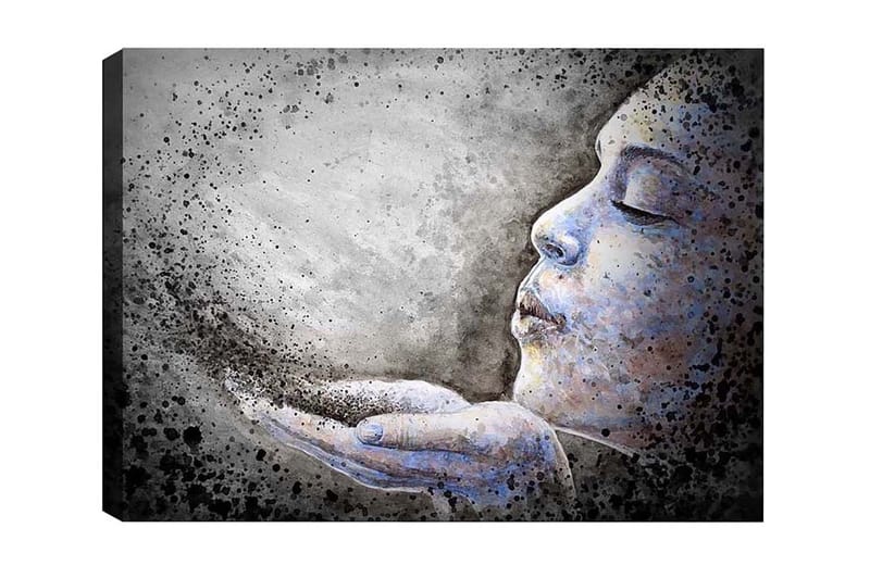 Canvastavla - Porträtt av en kvinna som blåser ut partiklar från sina händer, Grå / Blå / Svart