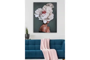 Canvastavla - Porträtt av en kvinna med en stor blomsterkrans av vita pioner som täcker hennes huvud - Vit / Mörkgrön / Rosa - Inredning - Tavlor & posters - Canvastavla