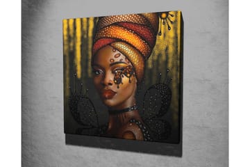 Canvastavla - Porträtt av en kvinna med en färgglad huvudbonad och fjärilar - Guld / Svart / Röd - Inredning - Tavlor & posters - Canvastavla