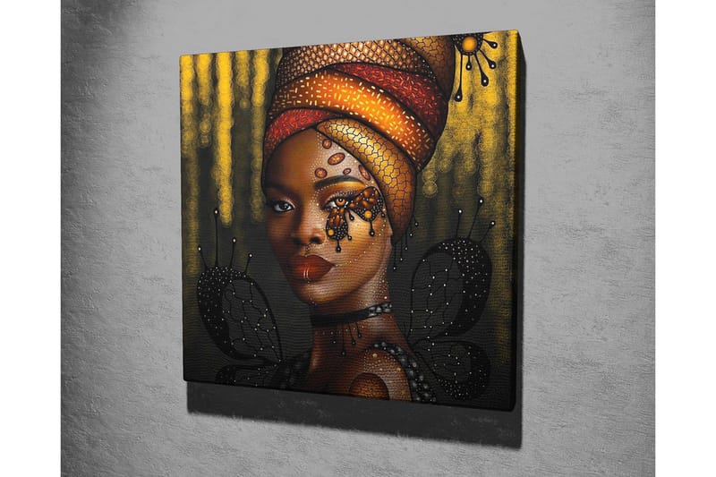 Canvastavla - Porträtt av en kvinna med en färgglad huvudbonad och fjärilar - Guld / Svart / Röd - Inredning - Tavlor & posters - Canvastavla