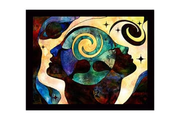Inramad Canvastavla i trä - 41x56 cm - Abstrakt komposition av ansikten med spiraler och stjärnor - Mörkblå / Turkos / Röd - Inredning - Tavlor & posters - Canvastavla
