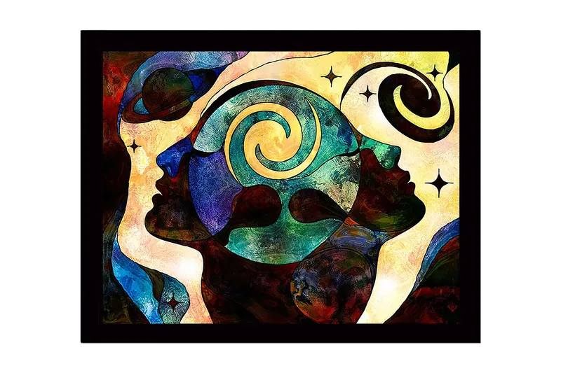 Inramad Canvastavla i trä - 41x56 cm - Abstrakt komposition av ansikten med spiraler och stjärnor - Mörkblå / Turkos / Röd - Inredning - Tavlor & posters - Canvastavla
