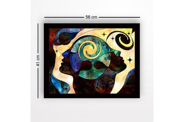 Inramad Canvastavla i trä - 41x56 cm - Abstrakt komposition av ansikten med spiraler och stjärnor - Mörkblå / Turkos / Röd - Inredning - Tavlor & posters - Canvastavla
