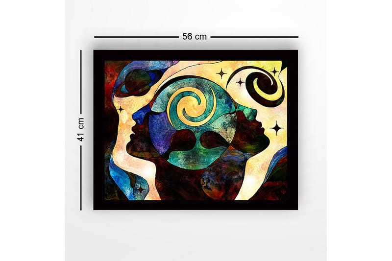 Inramad Canvastavla i trä - 41x56 cm - Abstrakt komposition av ansikten med spiraler och stjärnor - Mörkblå / Turkos / Röd - Inredning - Tavlor & posters - Canvastavla