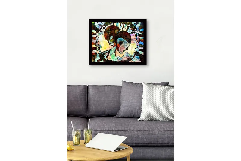 Inramad Canvastavla i trä - 41x56 cm - Abstrakt komposition av två ansikten som förenas - Mörkbrun / Ljusblå / Beige - Inredning - Tavlor & posters - Canvastavla