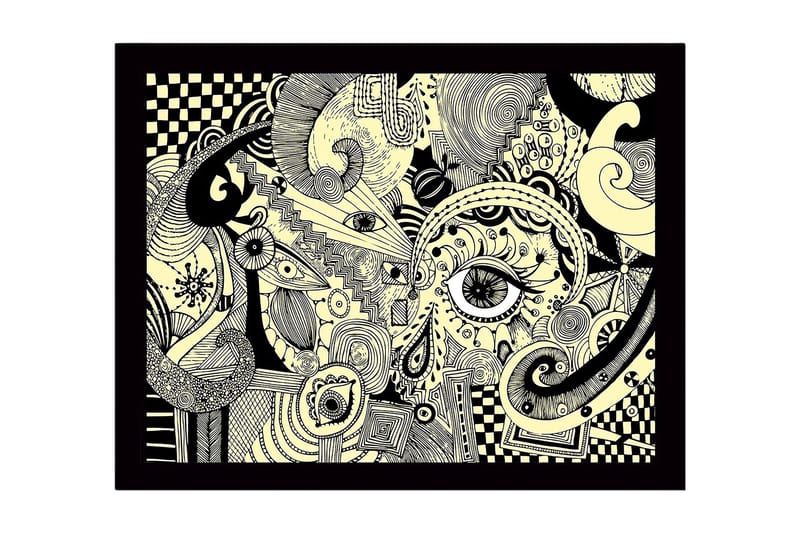 Inramad Canvastavla i trä - 41x56 cm - Abstrakt komposition med ögon och svängda former, Svart / Beige