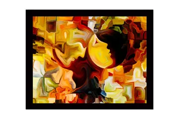 Inramad Canvastavla i trä - 41x56 cm - Abstrakt komposition med ansikten i kontrasterande färger - Guld / Orange / Mörkbrun - Inredning - Tavlor & posters - Canvastavla