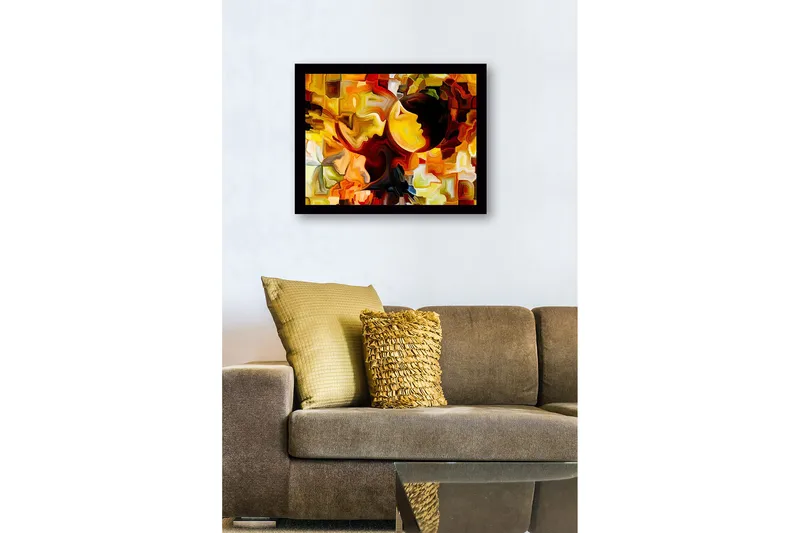 Inramad Canvastavla i trä - 41x56 cm - Abstrakt komposition med ansikten i kontrasterande färger - Guld / Orange / Mörkbrun - Inredning - Tavlor & posters - Canvastavla