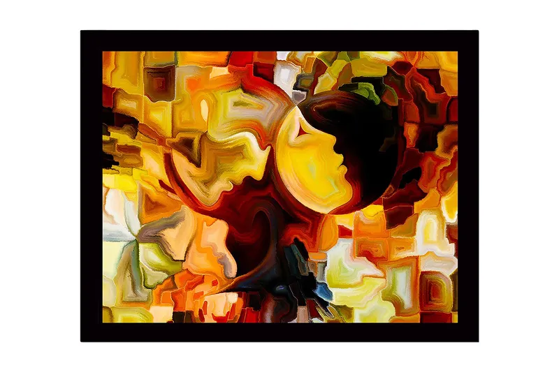 Inramad Canvastavla i trä - 41x56 cm - Abstrakt komposition med ansikten i kontrasterande färger, Guld / Orange / Mörkbrun