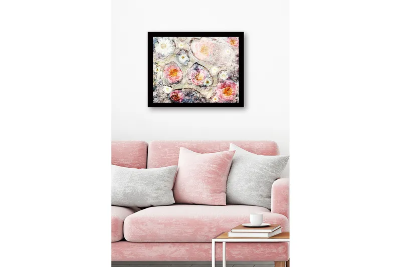 Inramad Canvastavla i trä - 41x56 cm - Abstrakt komposition med blommor i mjuka färger - Rosa / Vit / Grå - Inredning - Tavlor & posters - Canvastavla