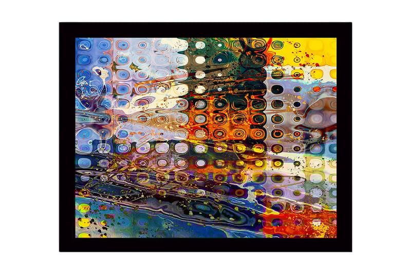 Inramad Canvastavla i trä - 41x56 cm - Abstrakt komposition med cirkulära former och färgglada mönster - Blå / Orange / Gul - Inredning - Tavlor & posters - Canvastavla