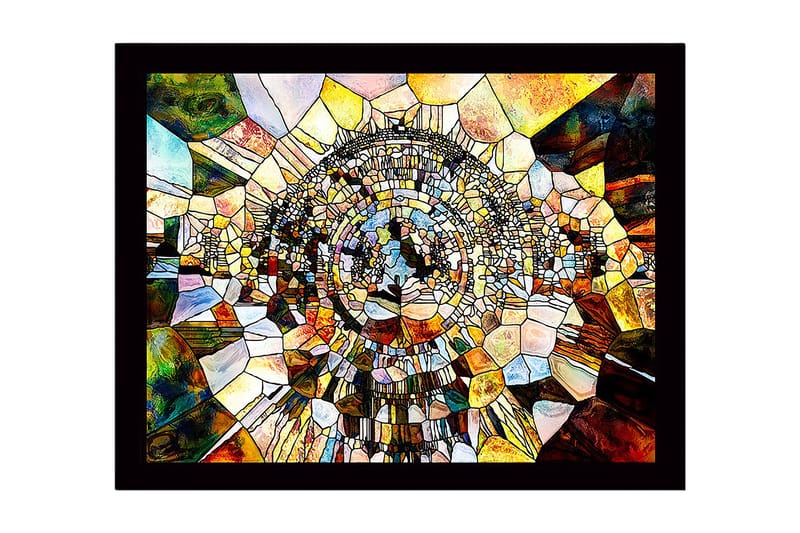 Inramad Canvastavla i trä - 41x56 cm - Abstrakt komposition med cirkulära former och mosaikliknande struktur - Guld / Brunt / Blått - Inredning - Tavlor & posters - Canvastavla