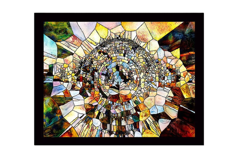 Inramad Canvastavla i trä - 41x56 cm - Abstrakt komposition med cirkulära former och mosaikliknande struktur, Guld / Brunt / Blått