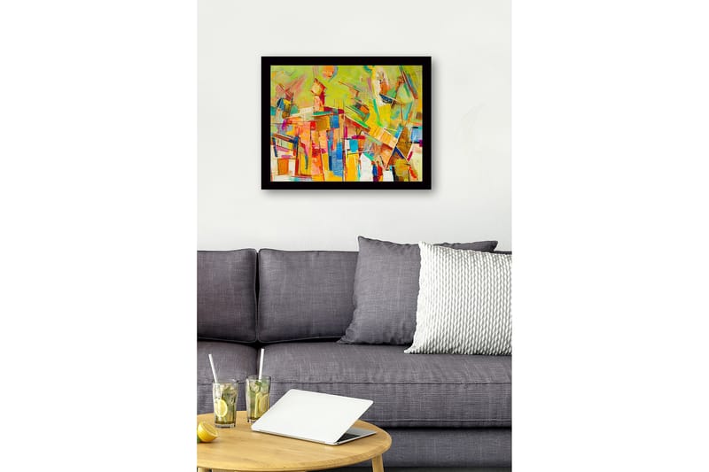 Inramad Canvastavla i trä - 41x56 cm - Abstrakt komposition med färgglada geometriska former - Gul / Orange / Blå - Inredning - Tavlor & posters - Canvastavla