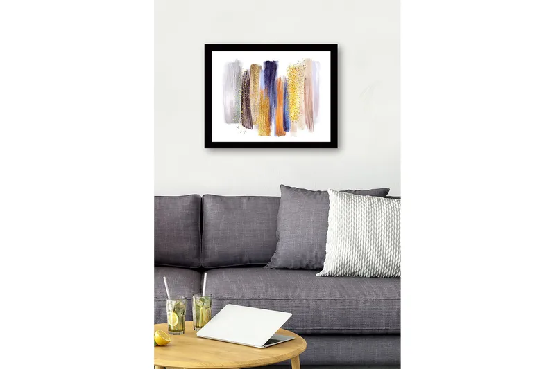 Inramad Canvastavla i trä - 41x56 cm - Abstrakt komposition med färgglada penseldrag - Guld / Blå / Grå - Inredning - Tavlor & posters - Canvastavla