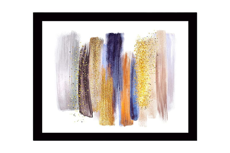 Inramad Canvastavla i trä - 41x56 cm - Abstrakt komposition med färgglada penseldrag, Guld / Blå / Grå