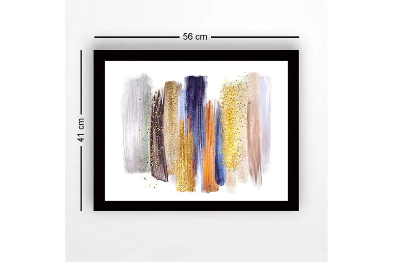 Inramad Canvastavla i trä - 41x56 cm - Abstrakt komposition med färgglada penseldrag - Guld / Blå / Grå - Inredning - Tavlor & posters - Canvastavla