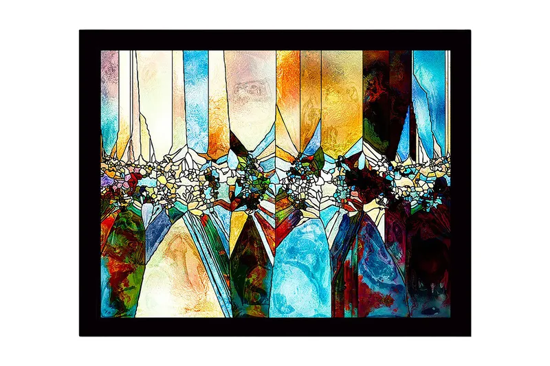 Inramad Canvastavla i trä - 41x56 cm - Abstrakt komposition med geometriska former och färgade sektioner, Blå / Orange / Grön