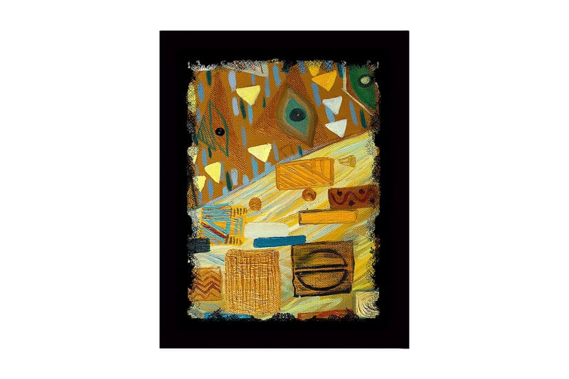 Inramad Canvastavla i trä - 41x56 cm - Abstrakt komposition med geometriska former och mönster, Guld / Brun / Grön